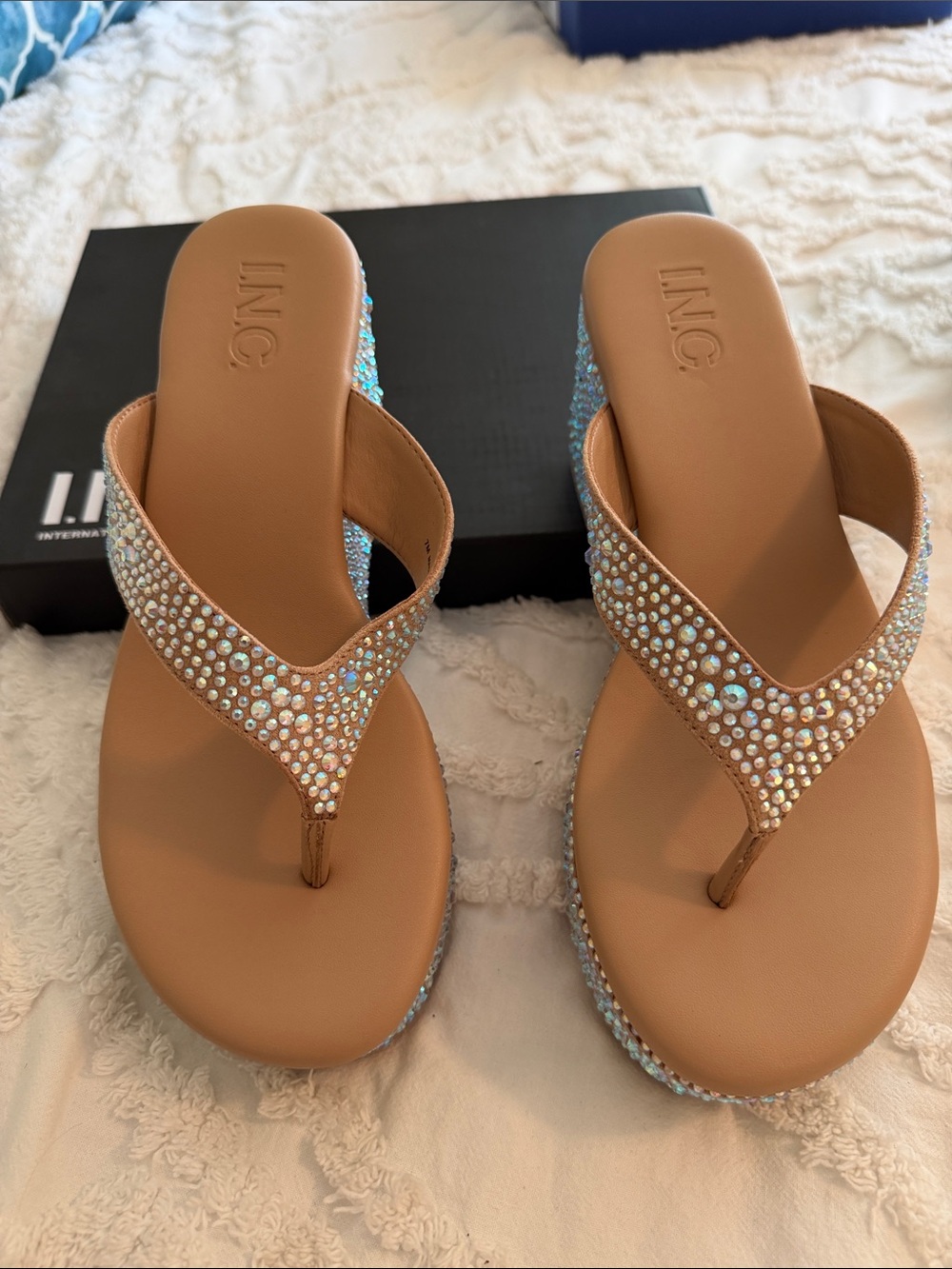 INC International Concepts Tan Rhinestone Flip Flop Sandals
